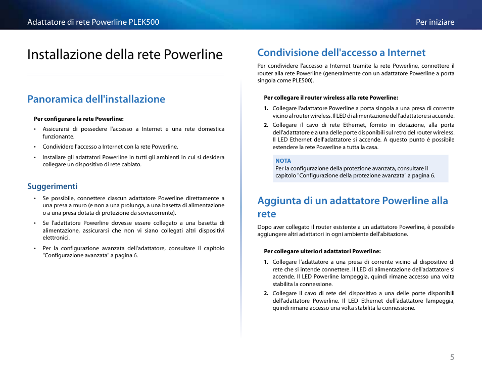 Installazione della rete powerline, Panoramica dell'installazione, Suggerimenti | Condivisione dell'accesso a internet, Aggiunta di un adattatore powerline alla rete, Installazione della rete powerline 5, Panoramica dell'installazione 5, Suggerimenti 5 | Linksys PLEK500 User Manual | Page 135 / 270