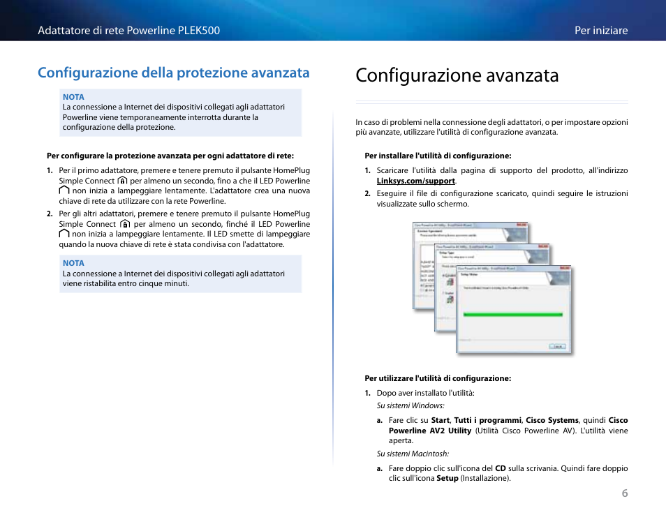 Configurazione della protezione avanzata, Configurazione avanzata, Configurazione della protezione avanzata 6 | Configurazione avanzata 6 | Linksys PLEK500 User Manual | Page 136 / 270