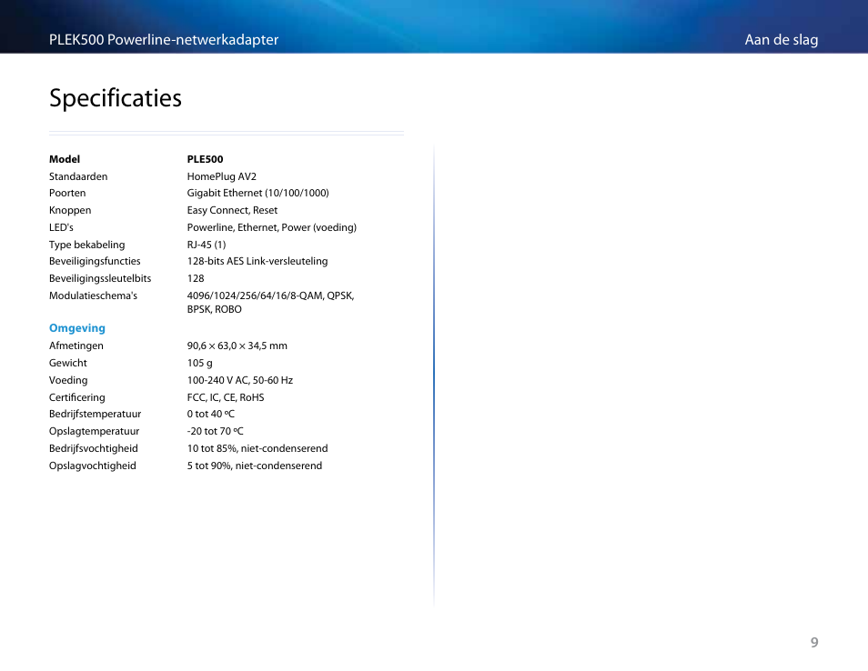 Specificaties | Linksys PLEK500 User Manual | Page 149 / 270