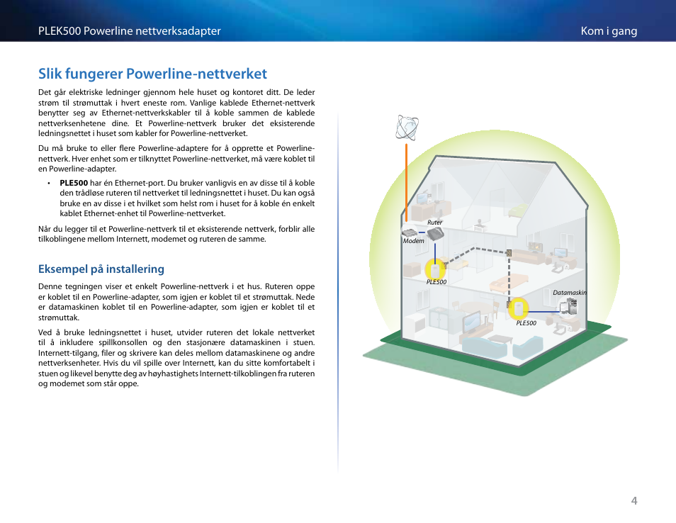 Slik fungerer powerline-nettverket, Eksempel på installering, Slik .fungerer .powerline-nettverket | Eksempel på installering 4, 4kom i gang plek500 powerline nettverksadapter, Eksempel .på .installering | Linksys PLEK500 User Manual | Page 154 / 270
