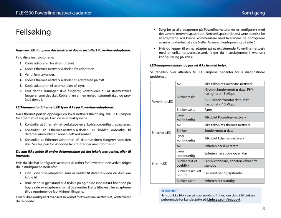 Feilsøking, 8kom i gang plek500 powerline nettverksadapter | Linksys PLEK500 User Manual | Page 158 / 270
