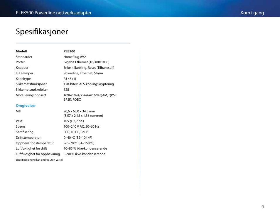 Spesifikasjoner | Linksys PLEK500 User Manual | Page 159 / 270