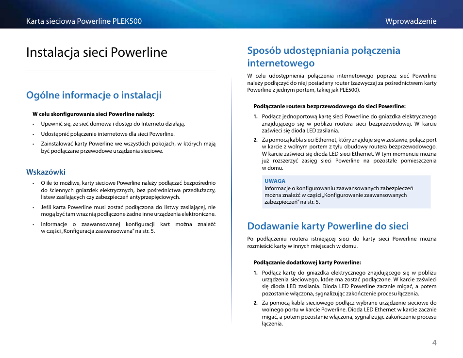 Instalacja sieci powerline, Ogólne informacje o instalacji, Wskazówki | Sposób udostępniania połączenia internetowego, Dodawanie karty powerline do sieci, Instalacja .sieci .powerline, Ogólne .informacje .o .instalacji, Sposób .udostępniania .połączenia . internetowego, Dodawanie .karty .powerline .do .sieci | Linksys PLEK500 User Manual | Page 165 / 270