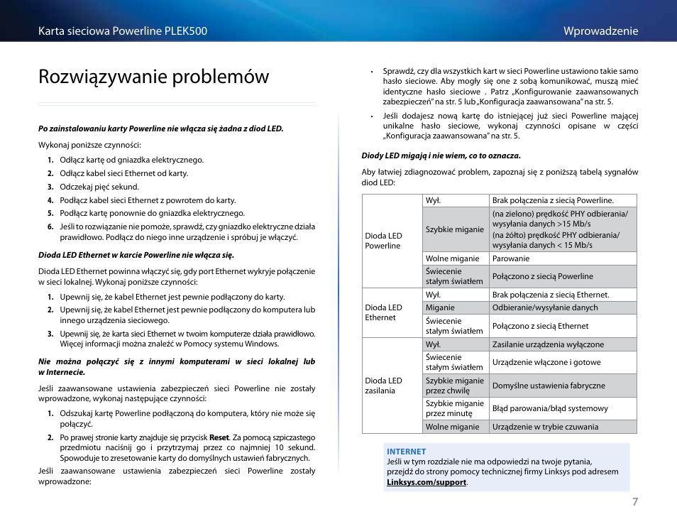 Rozwiązywanie problemów, Rozwiązywanie .problemów, 7wprowadzenie karta sieciowa powerline plek500 | Linksys PLEK500 User Manual | Page 168 / 270