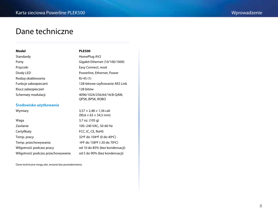 Dane techniczne, Dane .techniczne | Linksys PLEK500 User Manual | Page 169 / 270