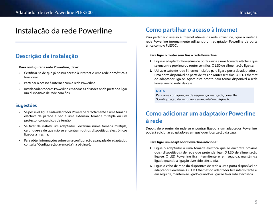 Instalação da rede powerline, Descrição da instalação, Sugestões | Como partilhar o acesso à internet, Como adicionar um adaptador powerline à rede, Instalação da rede powerline 5, Descrição da instalação 5 | Linksys PLEK500 User Manual | Page 175 / 270
