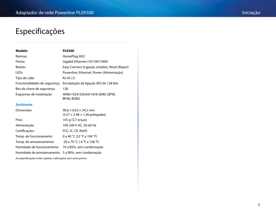 Especificações, Especificações 9 | Linksys PLEK500 User Manual | Page 179 / 270
