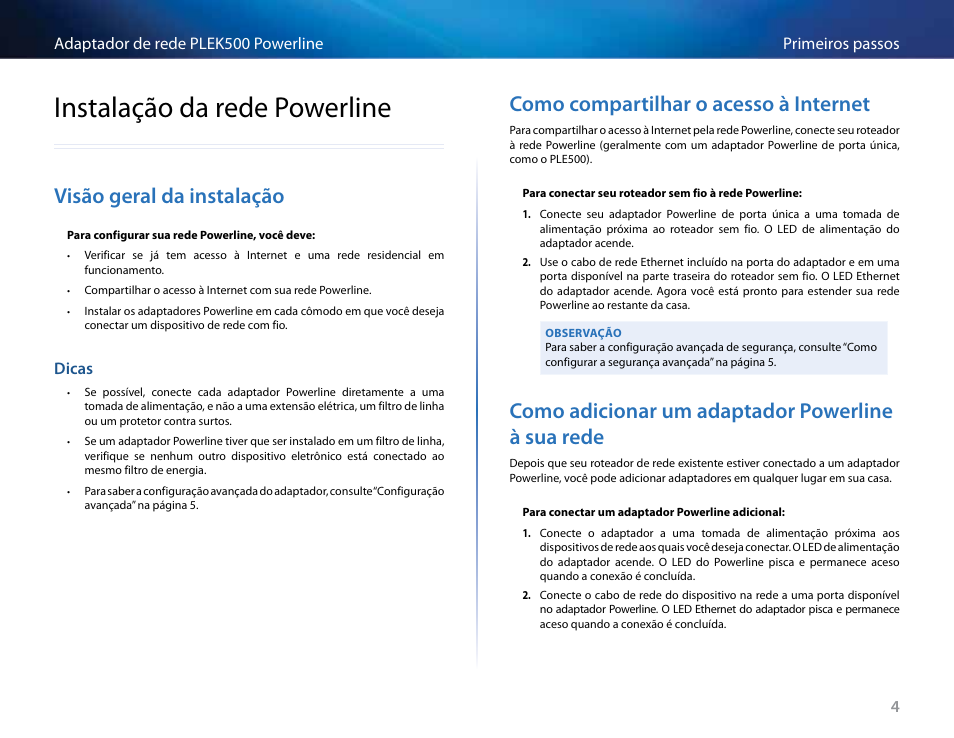 Instalação da rede powerline, Visão geral da instalação, Dicas | Como compartilhar o acesso à internet, Como adicionar um adaptador powerline à sua rede, Instalação da rede powerline 4, Visão geral da instalação 4 | Linksys PLEK500 User Manual | Page 185 / 270