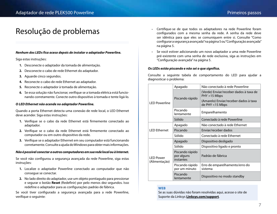 Resolução de problemas, Resolução de problemas 7 | Linksys PLEK500 User Manual | Page 188 / 270