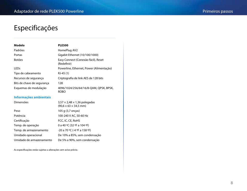 Especificações, Especificações 8 | Linksys PLEK500 User Manual | Page 189 / 270
