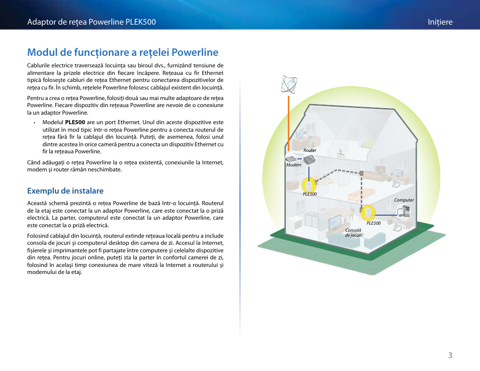 Modul de funcţionare a reţelei powerline, Exemplu de instalare, 3iniţiere adaptor de reţea powerline plek500 | Linksys PLEK500 User Manual | Page 194 / 270