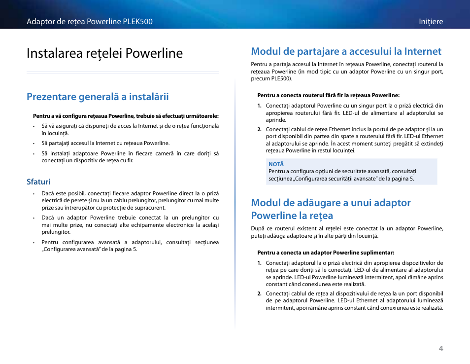 Instalarea reţelei powerline, Prezentare generală a instalării, Sfaturi | Modul de partajare a accesului la internet | Linksys PLEK500 User Manual | Page 195 / 270