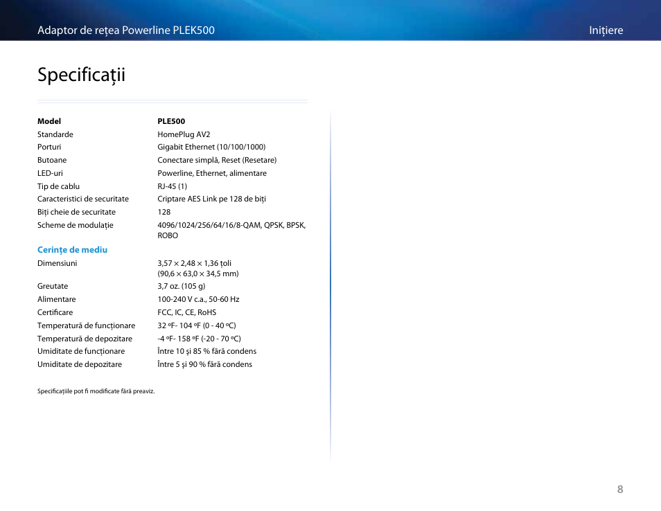 Specificaţii | Linksys PLEK500 User Manual | Page 199 / 270