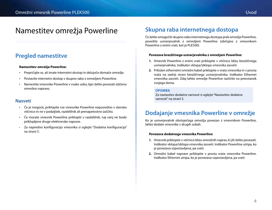 Namestitev omrežja powerline, Pregled namestitve, Nasveti | Skupna raba internetnega dostopa, Dodajanje vmesnika powerline v omrežje, Nasveti 4 | Linksys PLEK500 User Manual | Page 215 / 270