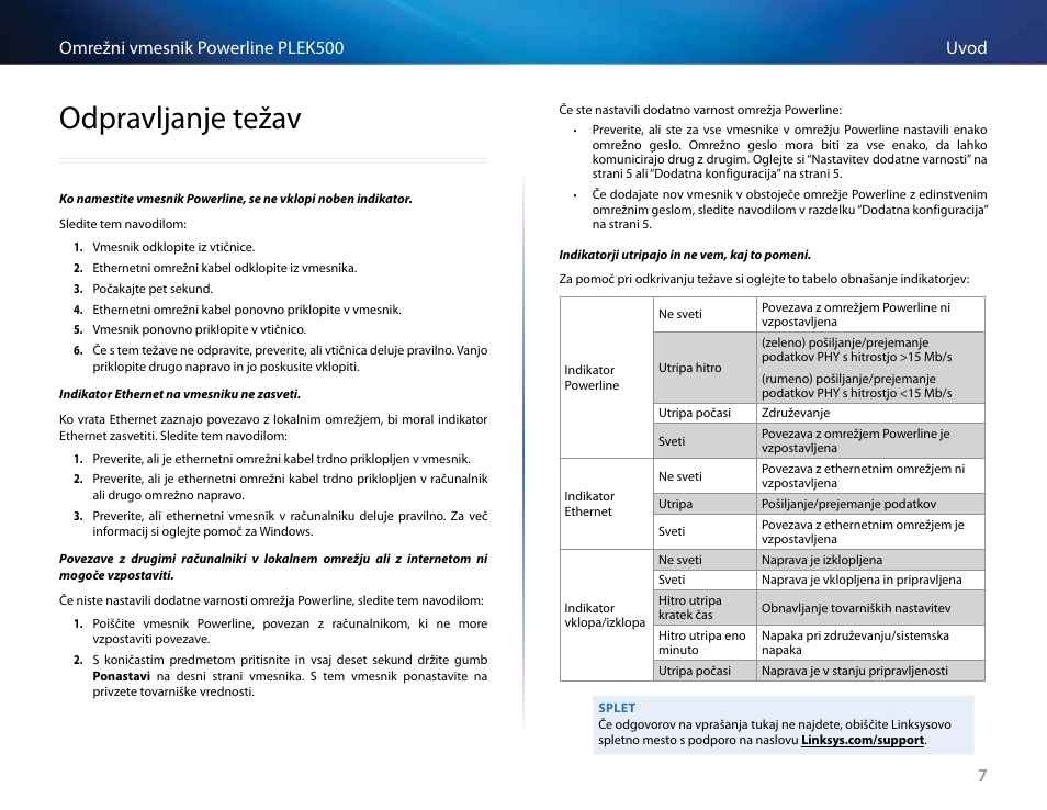 Odpravljanje težav, 7uvod omrežni vmesnik powerline plek500 | Linksys PLEK500 User Manual | Page 218 / 270