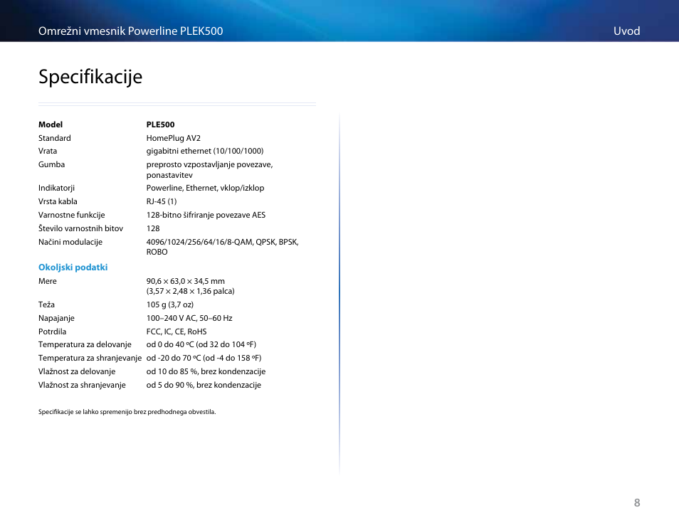 Specifikacije | Linksys PLEK500 User Manual | Page 219 / 270