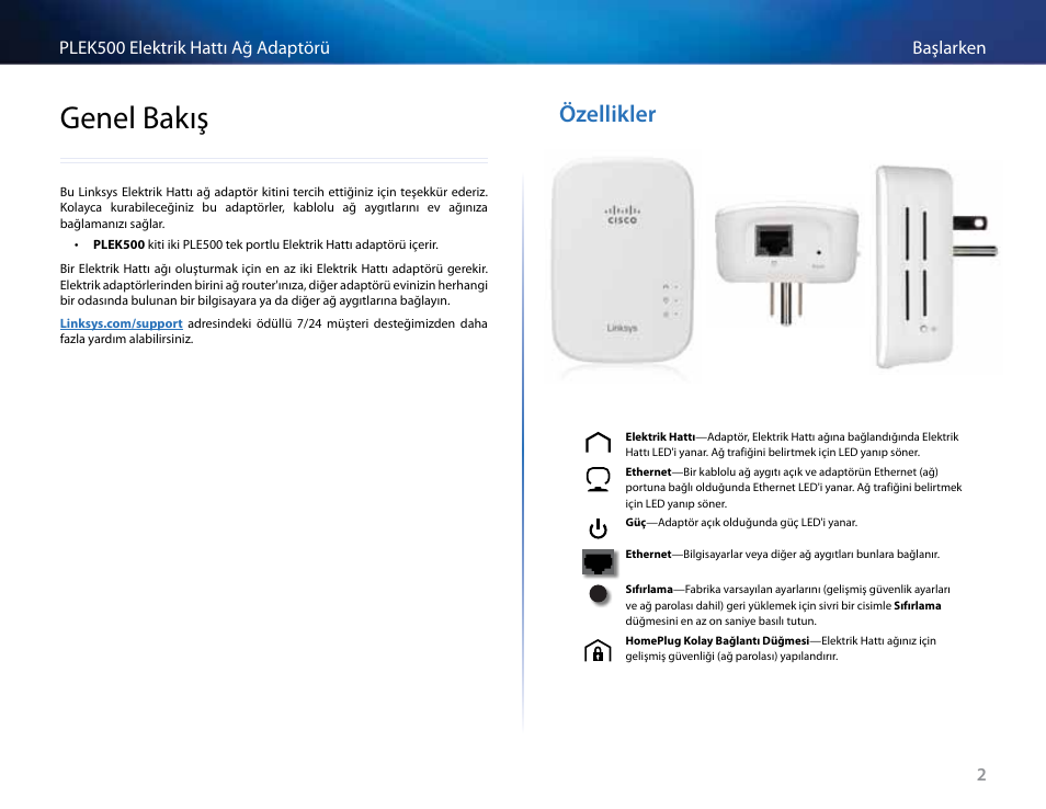 Genel bakış, Özellikler, Genel bakış 2 | Özellikler 2 | Linksys PLEK500 User Manual | Page 243 / 270