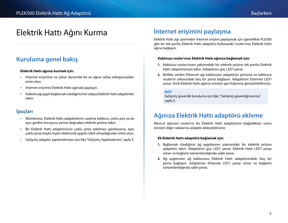Elektrik hattı ağını kurma, Kuruluma genel bakış, Ipuçları | Internet erişimini paylaşma, Ağınıza elektrik hattı adaptörü ekleme, Elektrik hattı ağını kurma 4, Kuruluma genel bakış 4, Ipuçları 4 | Linksys PLEK500 User Manual | Page 245 / 270