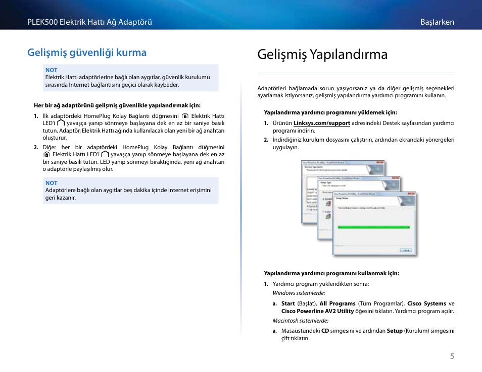 Gelişmiş güvenliği kurma, Gelişmiş yapılandırma, Gelişmiş güvenliği kurma 5 | Gelişmiş yapılandırma 5 | Linksys PLEK500 User Manual | Page 246 / 270