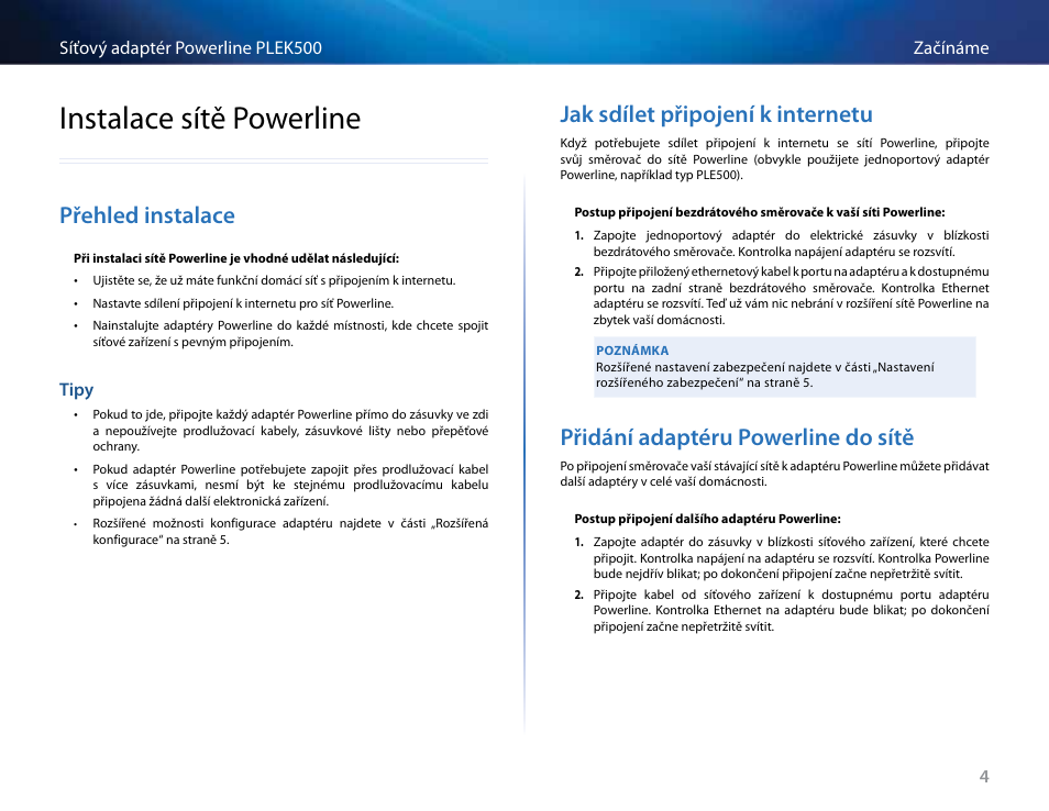 Instalace sítě powerline, Přehled instalace, Tipy | Jak sdílet připojení k internetu, Přidání adaptéru powerline do sítě, Tipy 4 | Linksys PLEK500 User Manual | Page 25 / 270
