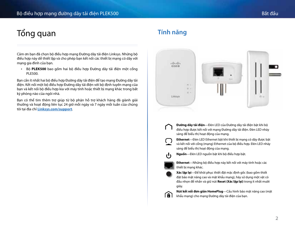 Tổng quan, Tính năng, Tổng quan 2 | Tính năng 2 | Linksys PLEK500 User Manual | Page 263 / 270