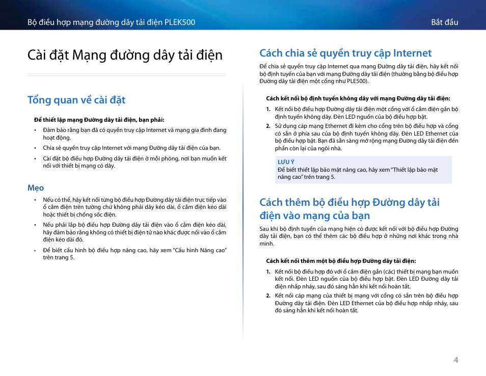 Cài đặt mạng đường dây tải điện, Tổng quan về cài đặt, Cách chia sẻ quyền truy cập internet | Cài đặt mạng đường dây tải điện 4, Tổng quan về cài đặt 4, Mẹo 4, Mạng của bạn 4 | Linksys PLEK500 User Manual | Page 265 / 270