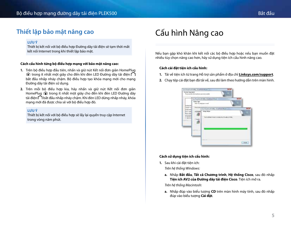 Thiết lập bảo mật nâng cao, Cấu hình nâng cao, Thiết lập bảo mật nâng cao 5 | Cấu hình nâng cao 5, Em “cấu hình nâng cao, Trên trang 5, Em “thiết lập bảo mật, Nâng cao” trên trang 5 | Linksys PLEK500 User Manual | Page 266 / 270
