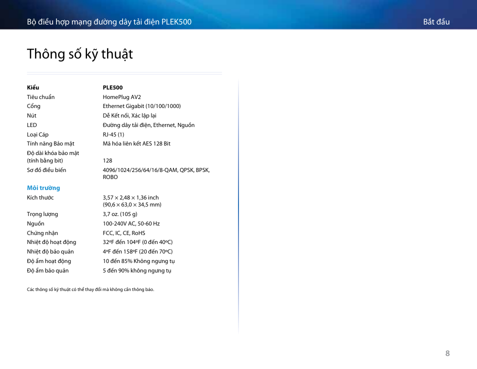 Thông số kỹ thuật, Thông số kỹ thuật 8 | Linksys PLEK500 User Manual | Page 269 / 270