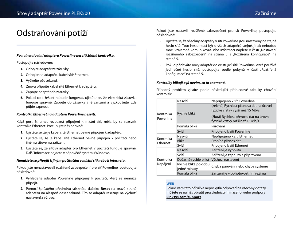 Odstraňování potíží, 7začínáme síťový adaptér powerline plek500 | Linksys PLEK500 User Manual | Page 28 / 270