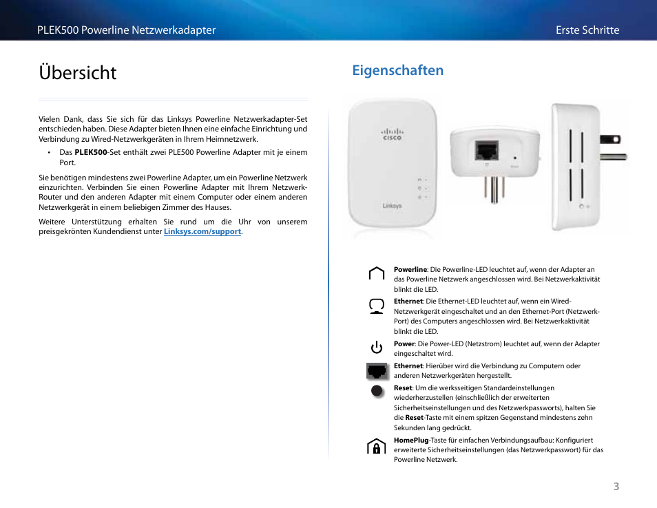 Übersicht, Eigenschaften | Linksys PLEK500 User Manual | Page 43 / 270