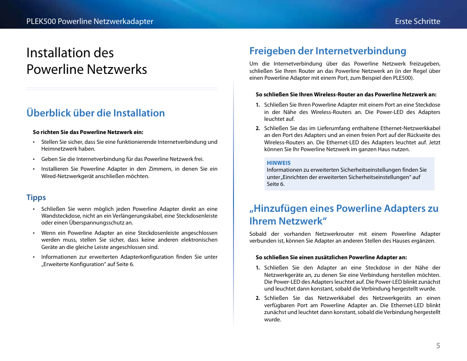 Installation des powerline netzwerks, Überblick über die installation, Tipps | Freigeben der internetverbindung, Installation .des .powerline netzwerks, Überblick .über .die .installation, Tipps 5, Freigeben .der .internetverbindung | Linksys PLEK500 User Manual | Page 45 / 270