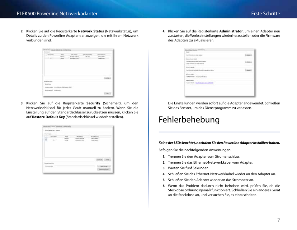 Fehlerbehebung | Linksys PLEK500 User Manual | Page 47 / 270