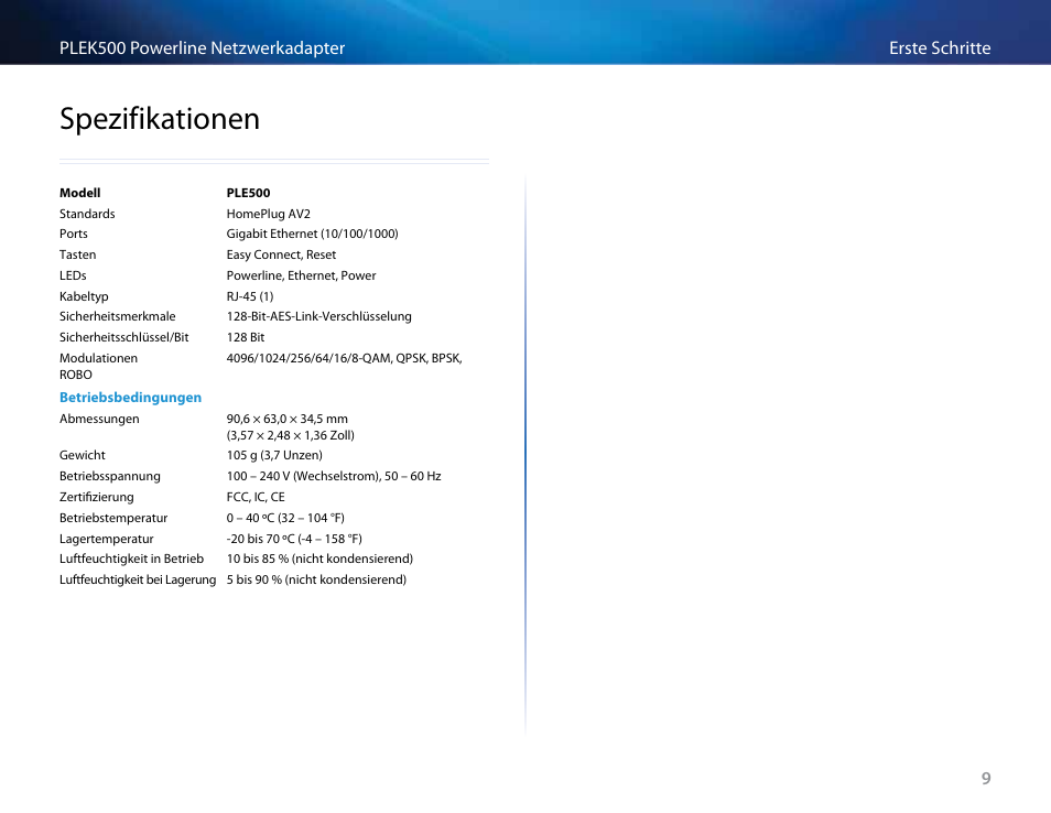 Spezifikationen | Linksys PLEK500 User Manual | Page 49 / 270