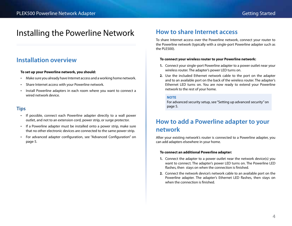 Installing the powerline network, Installation overview, Tips | How to share internet access, How to add a powerline adapter to your network, Installing .the .powerline .network, Installation .overview, Tips 5, How .to .share .internet .access | Linksys PLEK500 User Manual | Page 65 / 270