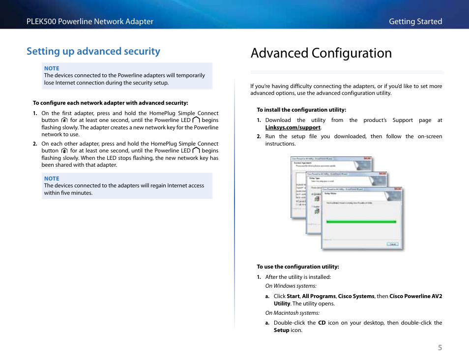 Setting up advanced security, Advanced configuration, Setting .up .advanced .security | Advanced .configuration, Advanced configuration” on, See “setting up advanced security” on | Linksys PLEK500 User Manual | Page 66 / 270