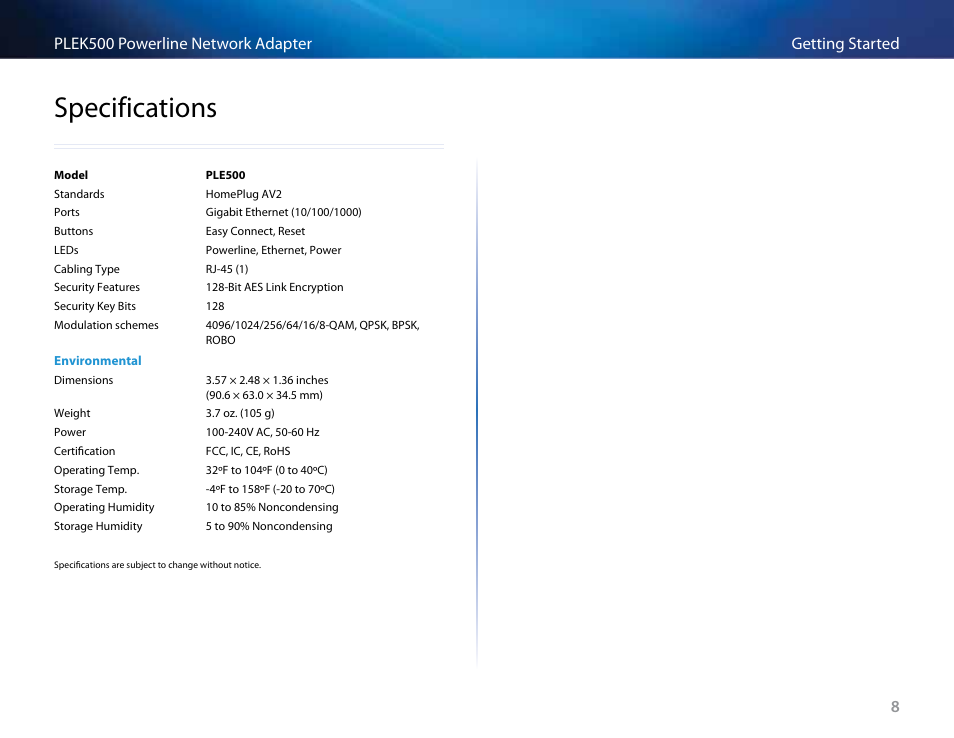 Specifications | Linksys PLEK500 User Manual | Page 69 / 270