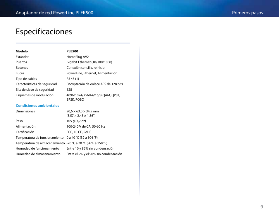 Especificaciones | Linksys PLEK500 User Manual | Page 79 / 270