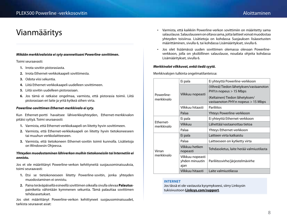 Vianmääritys, 8aloittaminen plek500 powerline -verkkosovitin | Linksys PLEK500 User Manual | Page 88 / 270