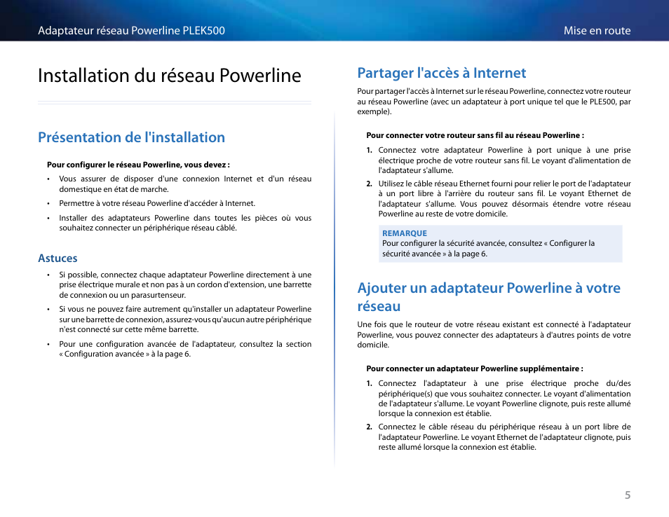 Installation du réseau powerline, Présentation de l'installation, Astuces | Partager l'accès à internet, Ajouter un adaptateur powerline à votre réseau, Astuces 5 | Linksys PLEK500 User Manual | Page 95 / 270