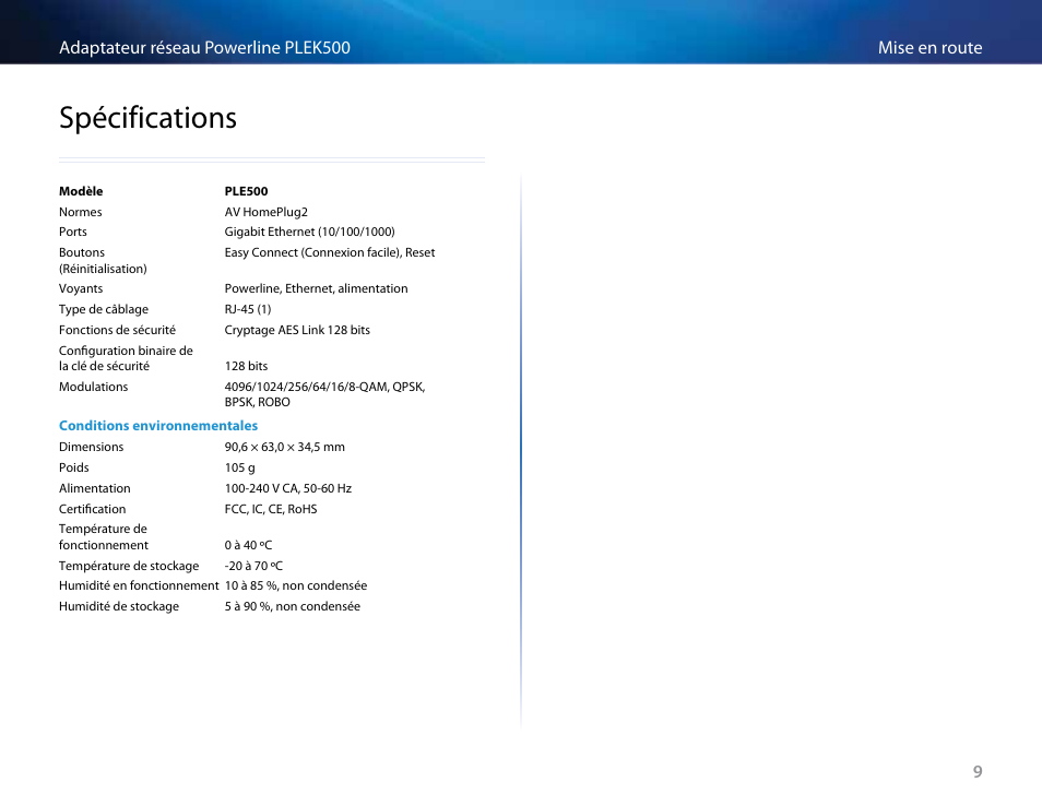 Spécifications | Linksys PLEK500 User Manual | Page 99 / 270