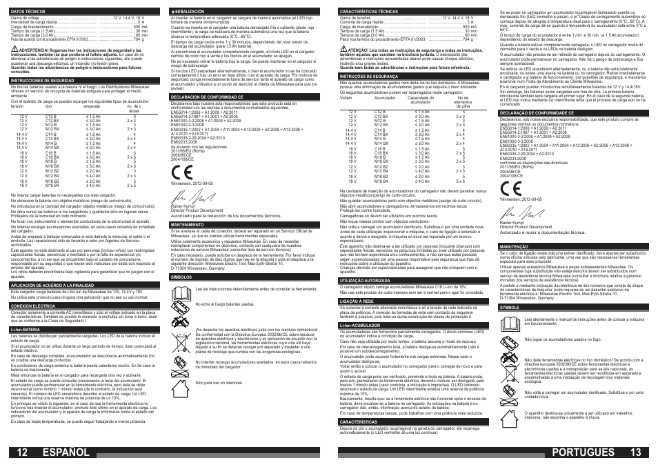 Portugues, Español | Milwaukee M12-18 C User Manual | Page 7 / 19