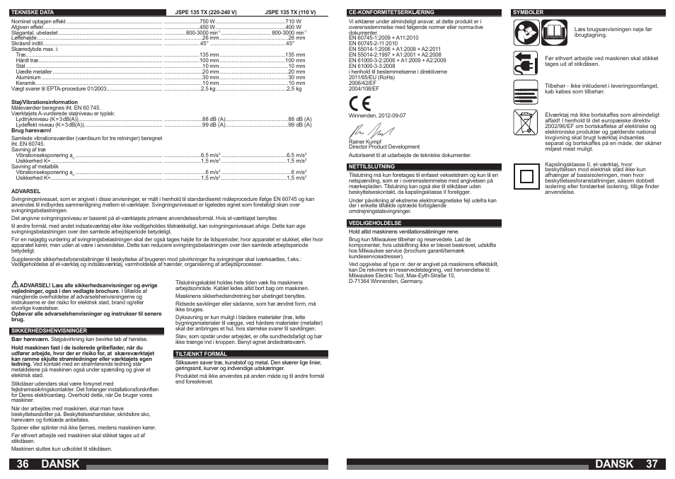 Dansk | Milwaukee JSPE 135 TX User Manual | Page 19 / 41