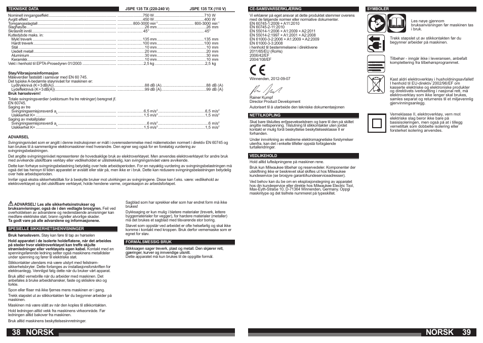 Norsk | Milwaukee JSPE 135 TX User Manual | Page 20 / 41