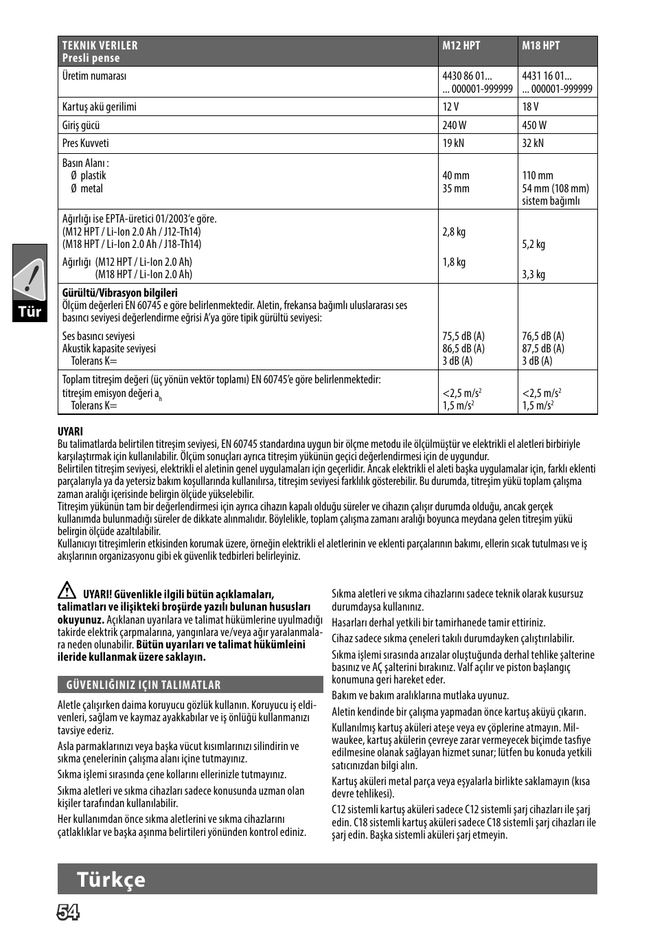 Türkçe | Milwaukee M18 HPT User Manual | Page 57 / 101