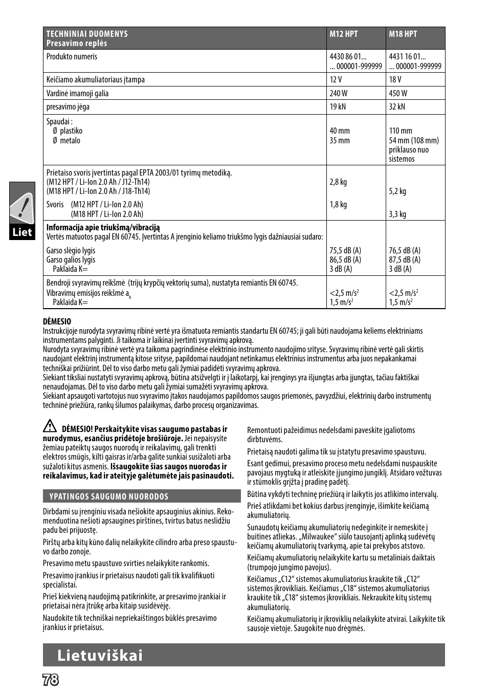 Lietuviškai, Liet | Milwaukee M18 HPT User Manual | Page 81 / 101