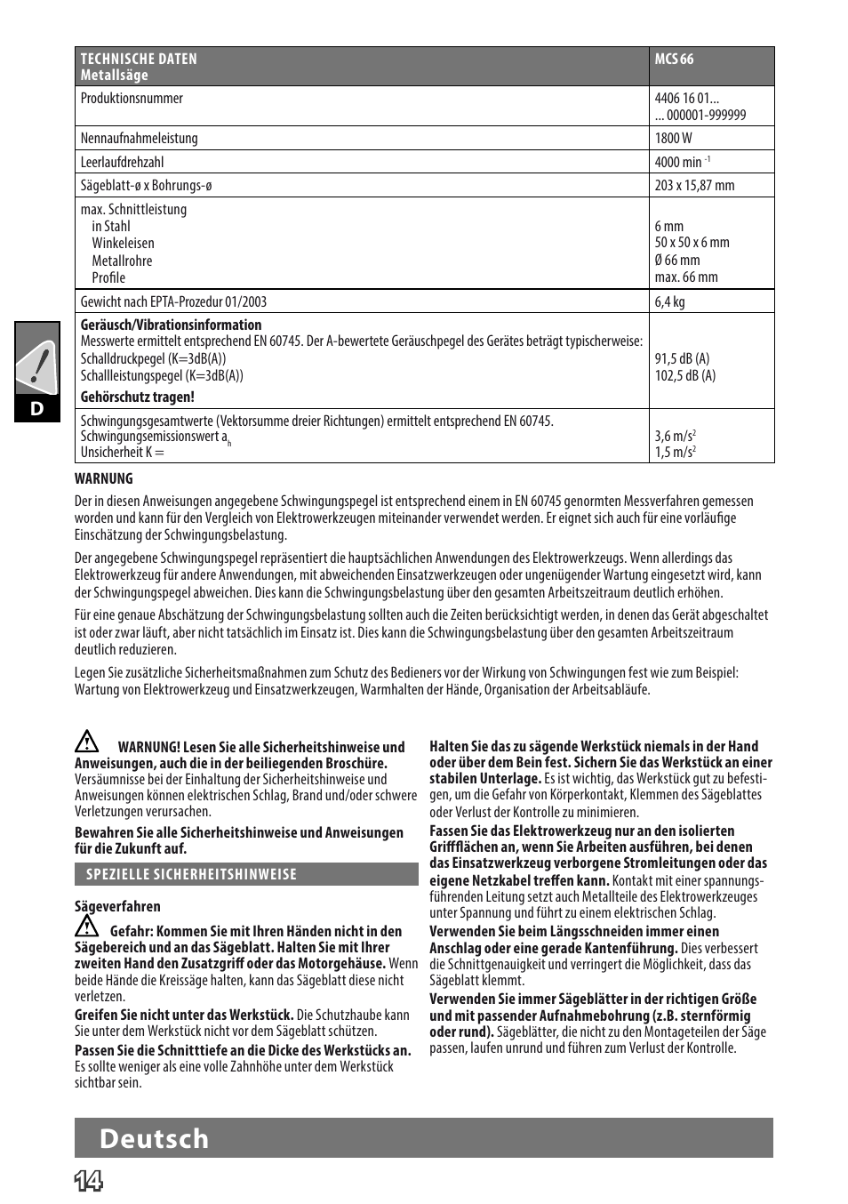 Deutsch | Milwaukee MCS 66 User Manual | Page 16 / 94