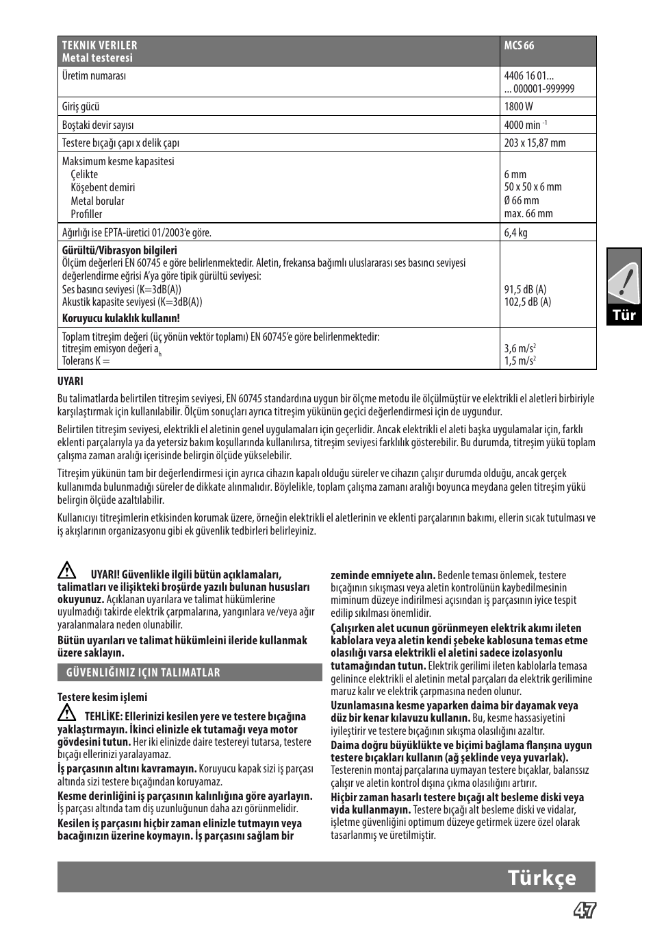 Deutsch, Türkçe | Milwaukee MCS 66 User Manual | Page 49 / 94