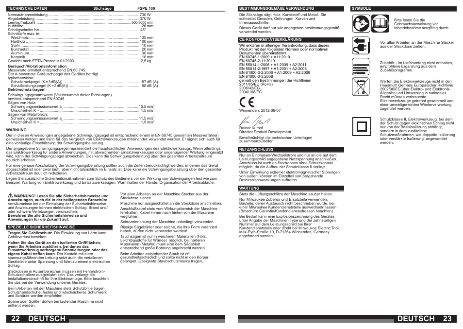 Deutsch | Milwaukee FSPE 110X User Manual | Page 12 / 39