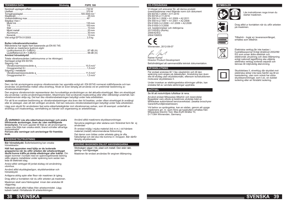 Svenska | Milwaukee FSPE 110X User Manual | Page 20 / 39