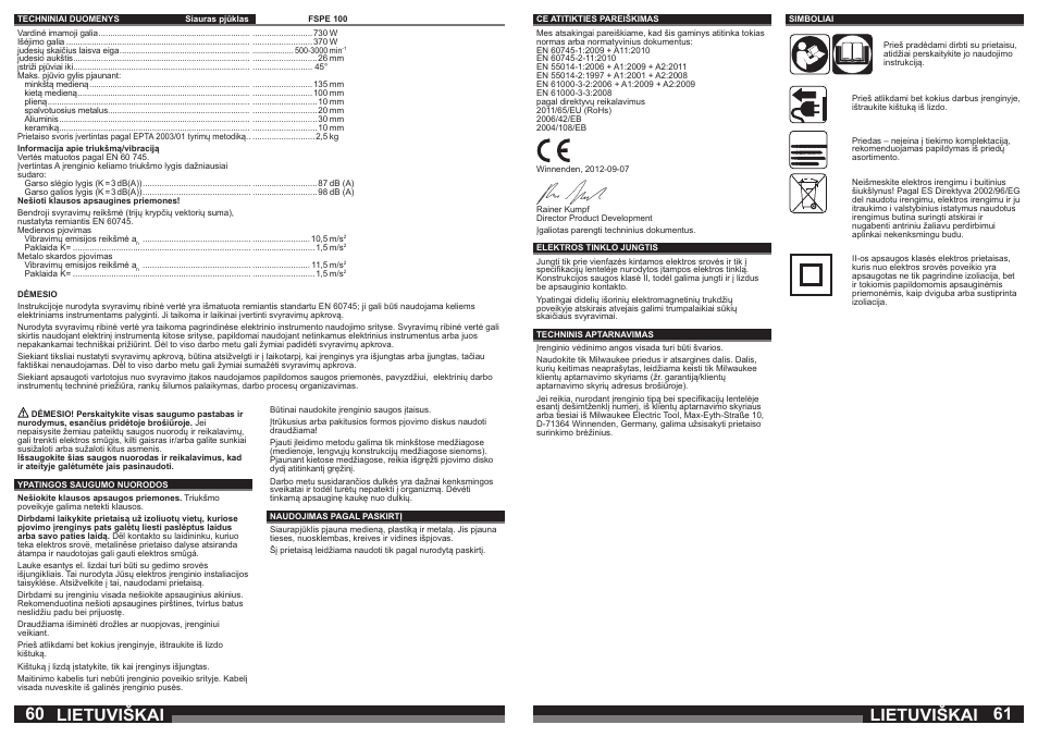 Lietuviškai | Milwaukee FSPE 110X User Manual | Page 31 / 39